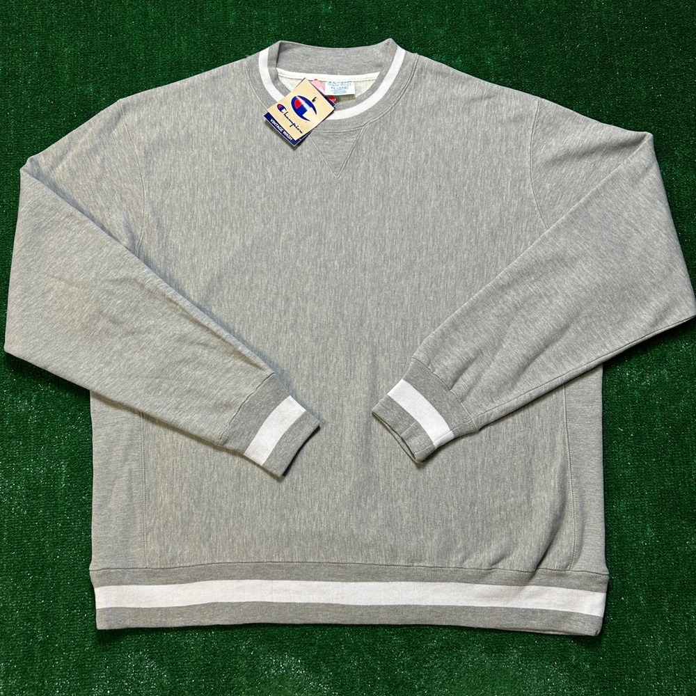NEW Champion Reverse Weave Blank Crewneck Vintage Wash Striped Grey 2XL